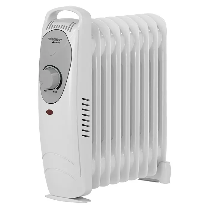 Voltomat HEATING Radiador de aceite Mini - 1.000 W, Habitaciones hasta 10 m², Blanco - La imagen muestra un radiador de aceite blanco Voltomat con control de temperatura e indicador de encendido rojo. Compacto y portátil para calor rápido.