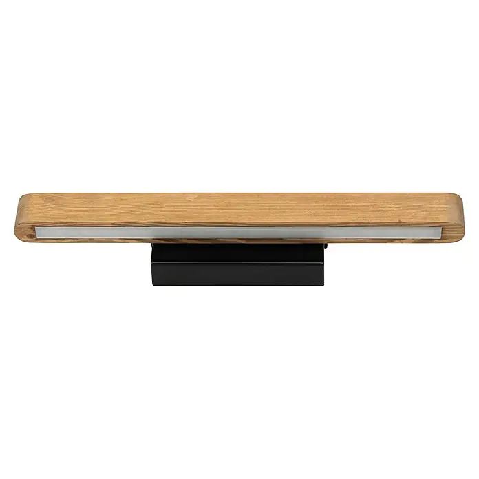 Britop Lighting Wandleuchte Forestier - 5,5 W, LED, L x B x H: 400 x 60 x 80 mm, Braun - Holzregal mit einer Metallschiene und einer schwarzen Halterung. Das Regal ist aus hellem Holz gefertigt und hat eine natürliche Maserung.
