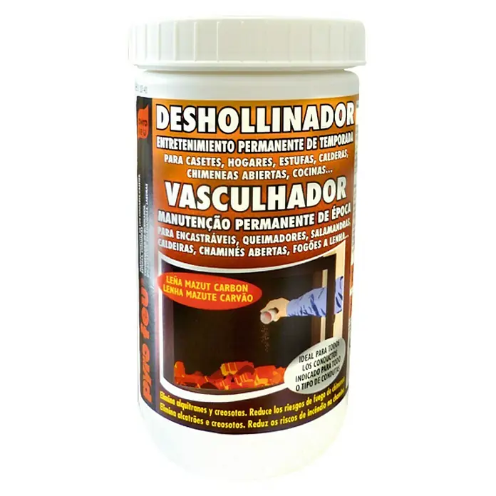Deshollinador 800 gramos - Apto para: Chimeneas - Imagen de un recipiente de limpiador de hollín para la limpieza de chimeneas y estufas.
