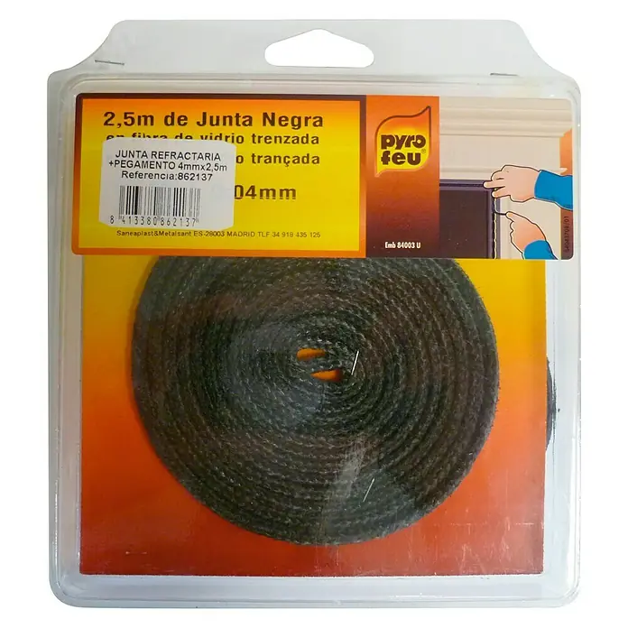 Junta refractaria + Pegamento - Ø x L: 4 mm x 2,5 m - Sello para estufa negro de 2,5 m envasado hecho de fibra de vidrio trenzada, con cola, 4 mm x 2,5 mm, referencia: 862137, y un diámetro de 4 mm.
