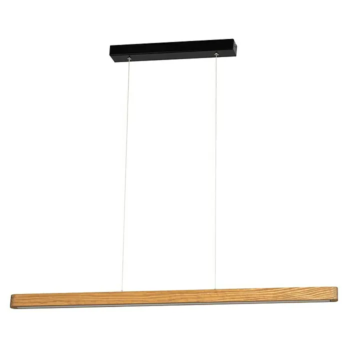 Britop Lighting Pendelleuchte Forestier - 12 W, LED, L x B x H: 900 x 60 x 1.100 mm, Braun - Moderne Hängelampe mit Holzdetails. Das Produkt hat eine schlichte Holzplatte, die von zwei dünnen Seilen von der Deckenhalterung hängt.