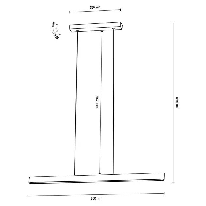 Britop Lighting Pendelleuchte Forestier - 12 W, LED, L x B x H: 900 x 60 x 1.100 mm, Braun - Technische Zeichnung einer Hängeleuchte mit Abmessungen für Breite, Höhe und Tiefe, um die Produktspezifikationen hervorzuheben.