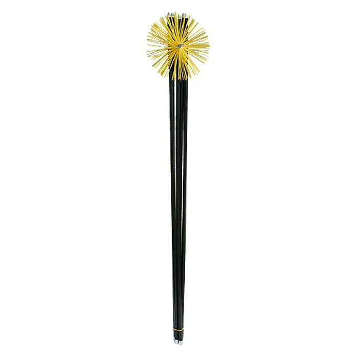 Deshollinador Nylon - Ø x L: 250 mm x 7 m - Un cepillo de limpieza de tuberías con un cabezal esférico amarillo y un mango largo y negro. Ideal para limpiar tubos.