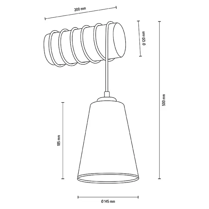 Britop Lighting Wandleuchte Trabo Carlos - 25 W, L x B x H: 275 x 145 x 500 mm, Weiß, E27 - Eine Wandleuchte mit einem zylindrischen Sockel und einem kegelförmigen Lampenschirm, Maße sind angegeben.