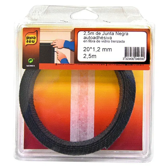 Junta refractaria autoadhesiva - Fibra de vidrio - Junta negra autoadhesiva de 2,5m en fibra de vidrio trenzada, 20*1,2 mm. Ideal para sellar ventanas y puertas.