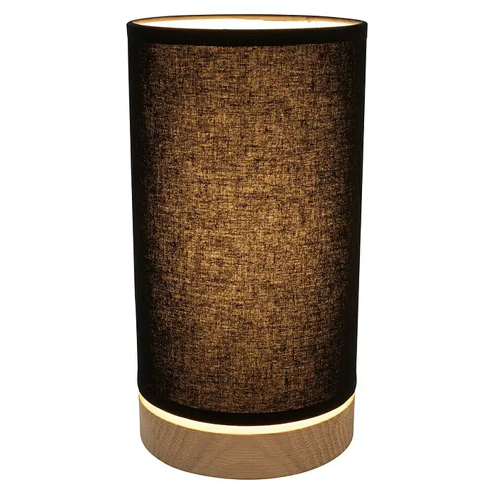 Britop Lighting Tischleuchte rund Nigella - 25 W, Ø x H: 120 x 240 mm, Holz, Schwarz, E27 - Nahaufnahme einer stilvollen Tischlampe mit einem zylindrischen Schirm und einem eleganten Holzfuß, die warmes Licht spendet.