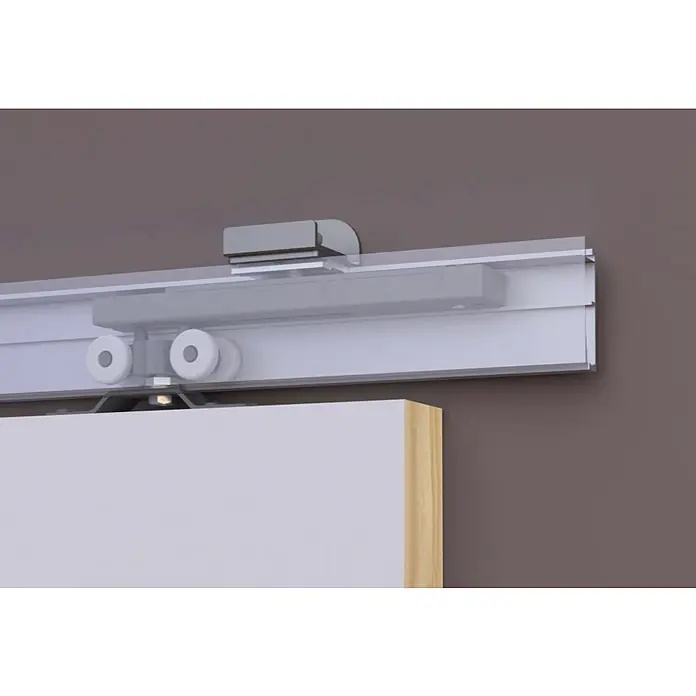 Optimum Schiebetür-Komplettset Optirail - 93 x 204 cm, Streichfähig, Wabe - Nahaufnahme einer Schiebetürschiene mit Beschlägen, die die Funktionalität und das Design des Türsystems hervorhebt.