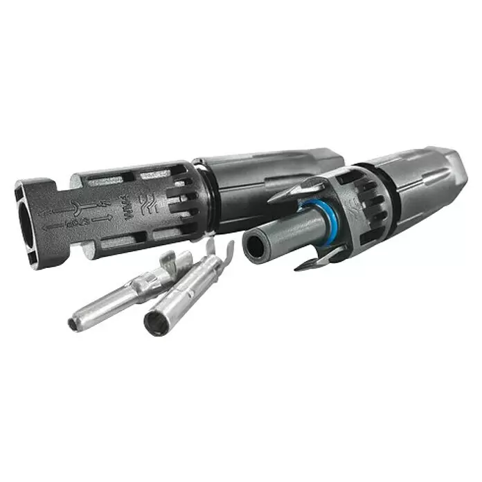 Weidmüller Steckverbinder WM4 C I SET - 1.500 V, 35 A, 4 mm² - 6 mm², Gewinde: M 12 - Schwarze MC4 Solarstecker (männlich/weiblich) unmontiert mit Metallstiften und -hülsen, einer mit blauer Dichtung.