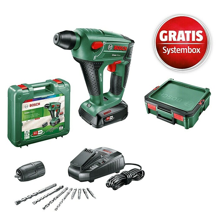 Bosch Power for All 18V Maschinenpaket (Akku-Bohrhammer Uneo Maxx (1 Akku) + gratis Systembox) | BAUHAUS