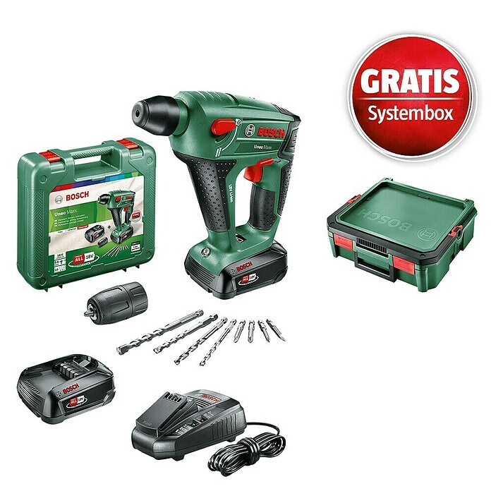 Bosch Power for All 18V Maschinenpaket (Akku-Bohrhammer Uneo Maxx (2 Akkus) + gratis Systembox) | BAUHAUS