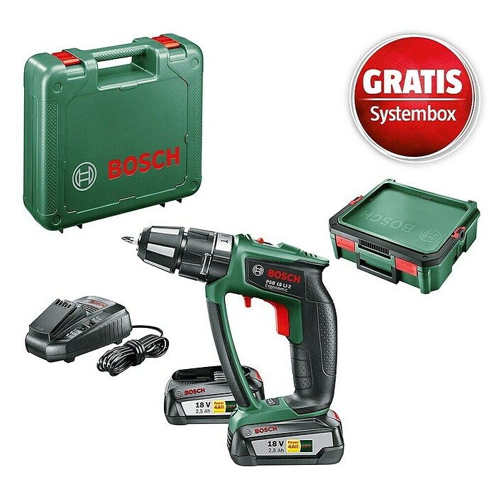 Bosch Power for All 18V Maschinenpaket (Akku-Schlagbohrschrauber PSB 18 LI-2 Ergonomic (2 Akkus) + gratis Systembox) | BAUHAUS