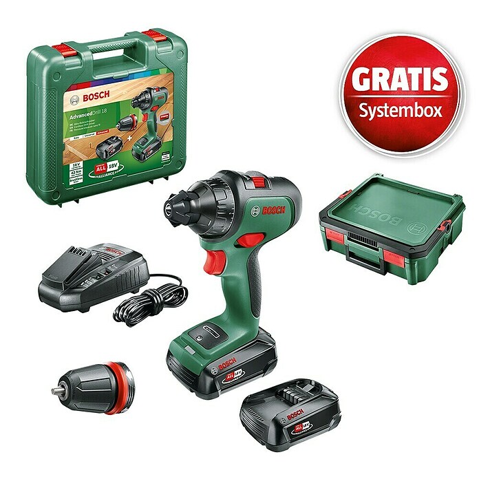 Bosch Power for All 18V Maschinenpaket (Akku-Bohrschrauber AdvancedDrill 18 (2 Akkus) + gratis Systembox) | BAUHAUS