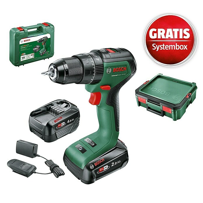 Bosch Power for All 18V Maschinenpaket (Akku-Schlagbohrschrauber UniversalImpact 18V-60 (2 Akkus, 2 + 4 Ah) + gratis Systembox) | BAUHAUS