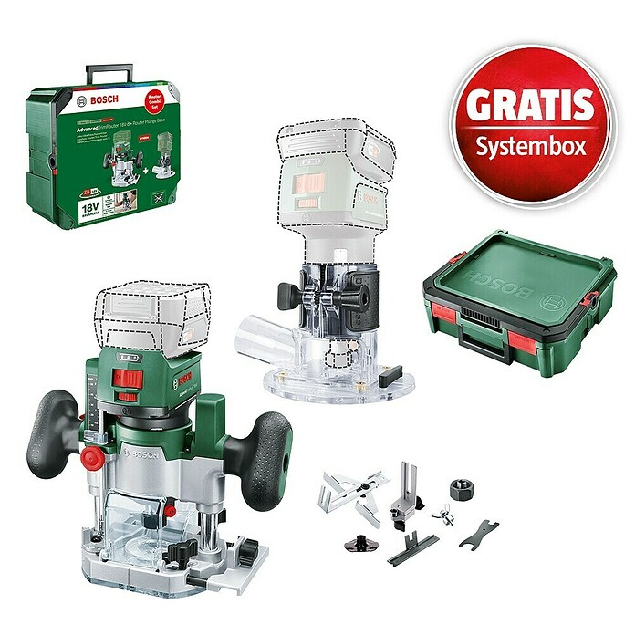 Bosch Power for All 18V Maschinenpaket (Akku-Kantenfräser AdvancedTrimRouter 18V-8 Set + gratis Systembox) | BAUHAUS