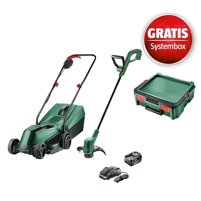 Bosch Power for All 18V Maschinenpaket (Akku-Rasenmäher-Set Akku-Rasenmäher 18V-32-200 + Akku-Rasentrimmer18V-26 & gratis Systembox) | BAUHAUS