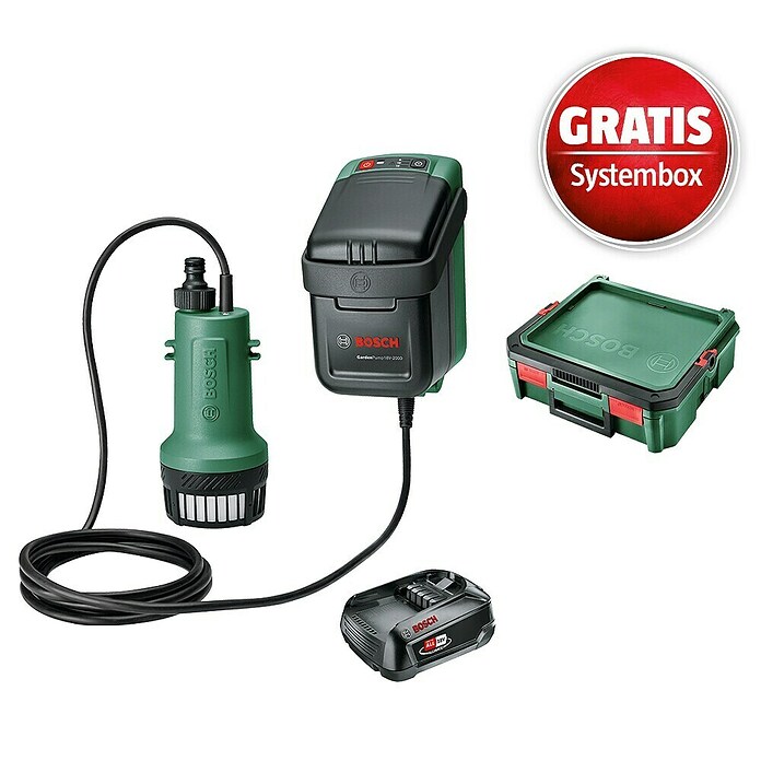 Bosch Power for All 18V Maschinenpaket inkl. Akku-Kit (Akku-Regenfasspumpe GardenPump 18V-2000 & gratis Systembox) | BAUHAUS