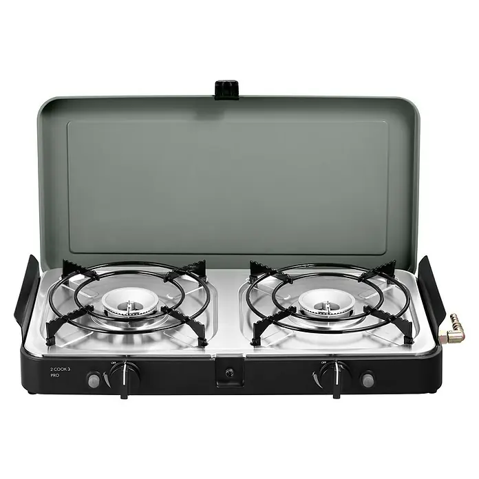Cadac Gaskochfeld 2 Cook 3 Pro Stove - 4,4 kW, L x B x H: 33 x 55 x 9 cm, 30 mbar - Abgebildeter 2 Cook 3 Pro Campingkocher mit zwei Kochstellen, ideal für Outdoor-Abenteuer. Kompakt, leicht und einfach zu bedienen.