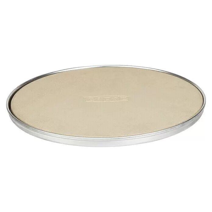 Cadac Pizzastein - Durchmesser: 25 cm, Cordierit - Ovaler Pizzastein mit heller Oberfläche und silbernem Metallrand.