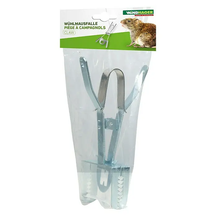 Windhager Wühlmausfalle Zange - Zangenfalle, Metall - Eine Wühlmausfalle "Claw" in einer transparenten Verpackung. Das Produkt ist ein Schädlingsbekämpfer für den Garten und das Haus.