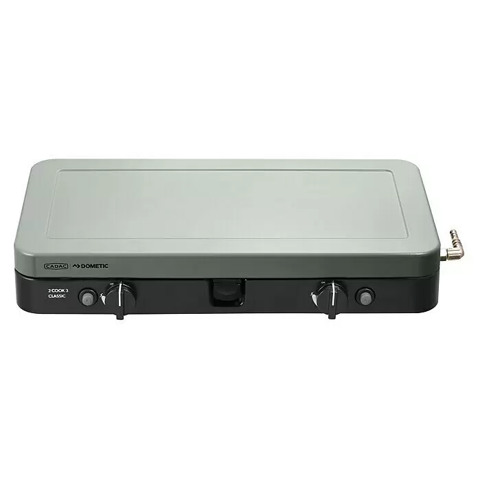 Cadac Gaskochfeld 2 Cook 3 Classic Stove - 4,4 kW, L x B x H: 33 x 55 x 9 cm, 50 mbar - Hellgrauer und schwarzer CADAC Dometic 2 Cook 3 Classic tragbarer Gaskocher mit zwei Bedienknöpfen und Gasanschluss.