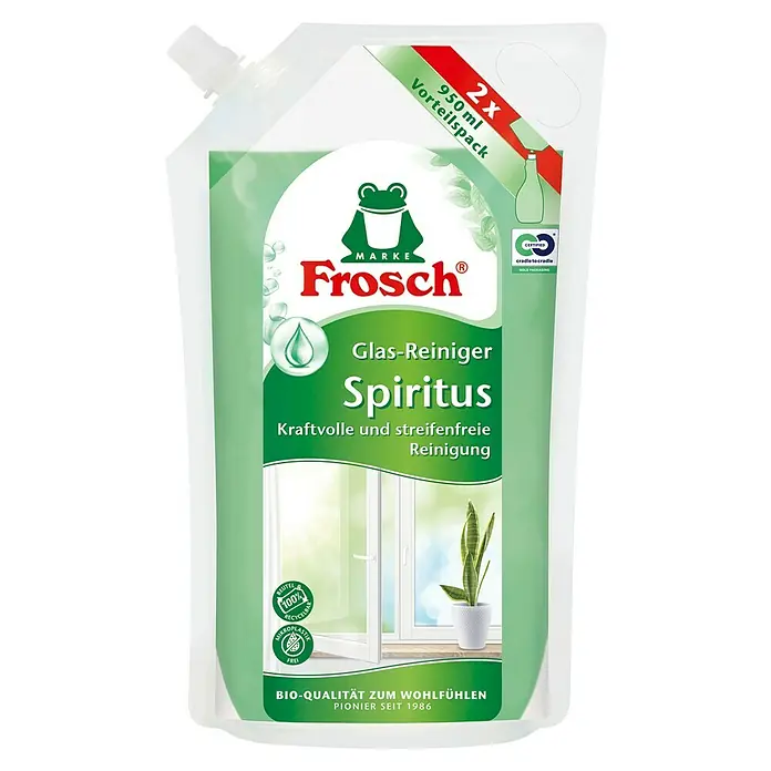 Frosch Glasreiniger Spiritus - 950 ml, Nachfüllbeutel - Bild einer Frosch Glas-Reiniger Spiritus Nachfüllpackung mit den Maßen 950ml für streifenfreie, kraftvolle Reinigung und Bio-Qualität seit 1986.