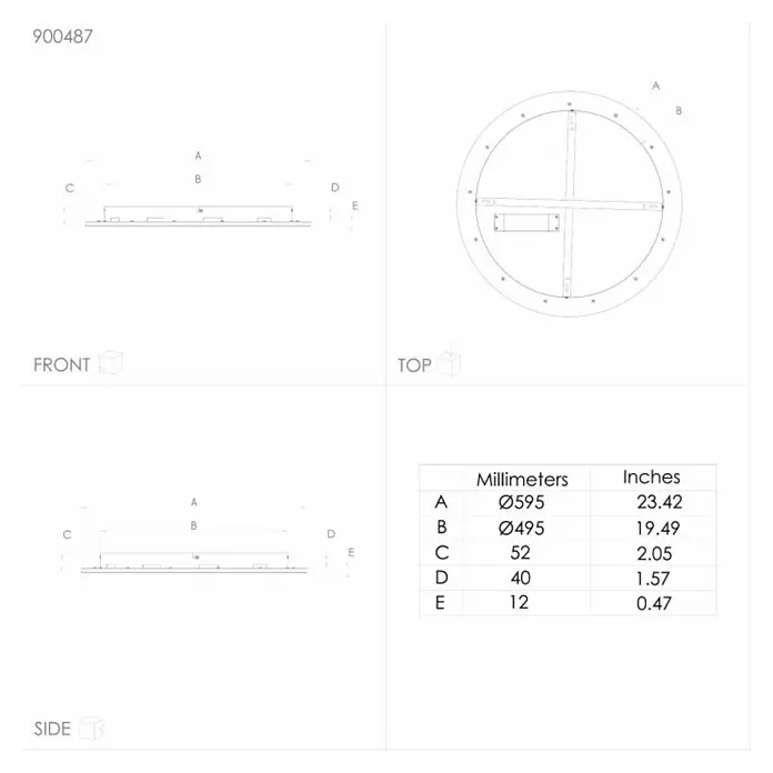Eglo LED-Deckenleuchte Padrogiano-Z - Durchmesser: 59,5 cm, Kaltweiß, Kunststoff, Dimmbar - Technische Zeichnung eines runden LED-Deckenpaneels mit den Maßen Durchmesser 595mm (A) und 495mm (B) sowie Höhen von 52mm (C) bis 12mm (E).