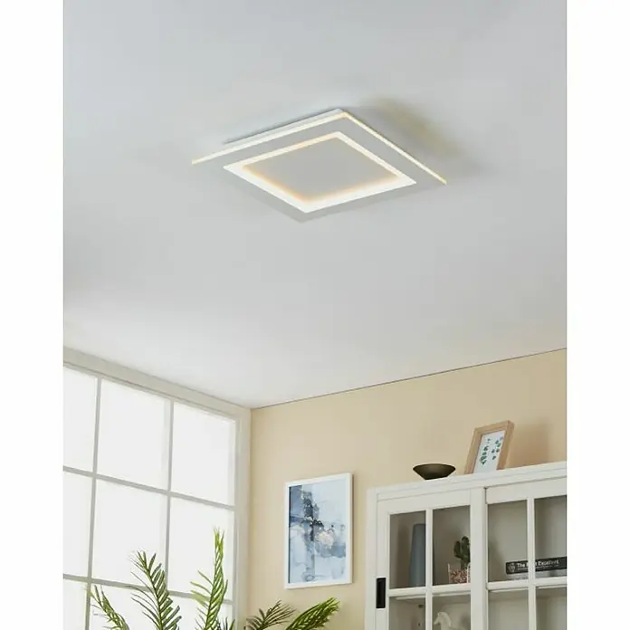 Eglo LED-Deckenleuchte Padrogiano - L x B: 450 x 450 mm, Kaltweiß, Dimmbar - Moderne quadratische Deckenleuchte in Weiß mit LED-Beleuchtung, die ein helles und stilvolles Ambiente schafft.