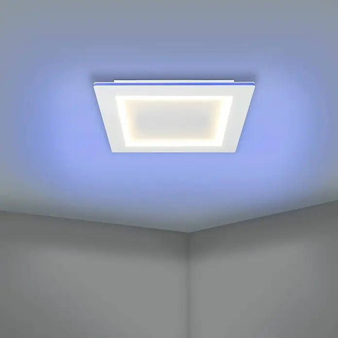 Eglo LED-Deckenleuchte Padrogiano - L x B: 450 x 450 mm, Kaltweiß, Dimmbar - Moderne quadratische Deckenleuchte mit weißem Rahmen und bläulichem Ambiente-Licht für stilvolle Innenräume.