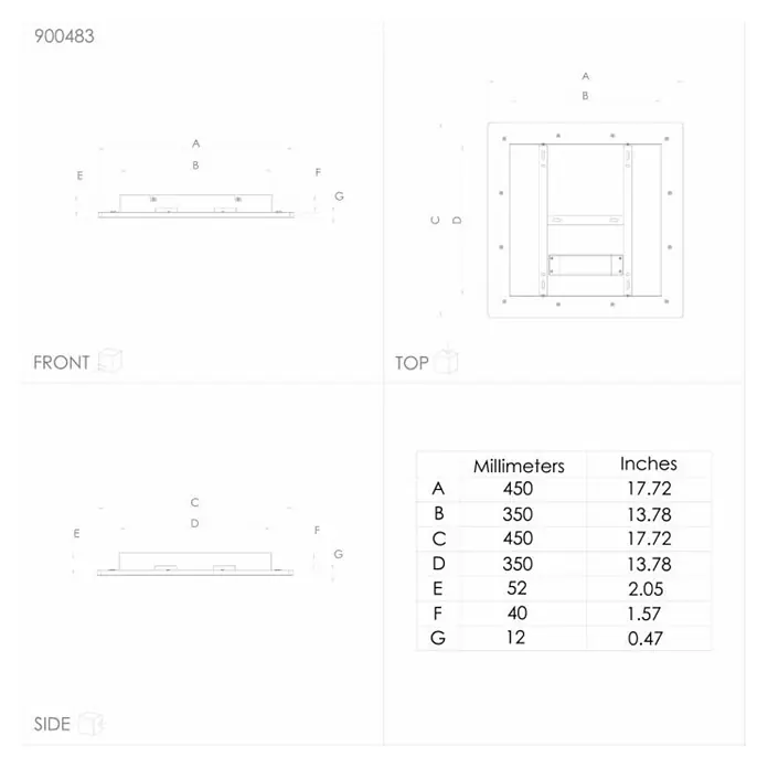 Eglo LED-Deckenleuchte Padrogiano - L x B: 450 x 450 mm, Kaltweiß, Dimmbar - Produktansicht des Deckenprodukts 900483, dargestellt in Vorder-, Ober- und Seitenansicht mit detaillierten Maßangaben in Millimetern und Zoll.