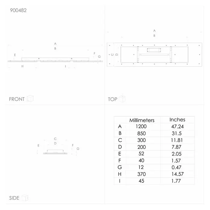 Eglo LED-Deckenleuchte Padrogiano - L x B x H: 1.200 x 300 x 50 mm, Kaltweiß, Kunststoff, Dimmbar - Produktansicht des Artikels 900482 mit Front-, Ober- und Seitenansicht und Maßen in Millimetern und Zoll zur detaillierten Ansicht.