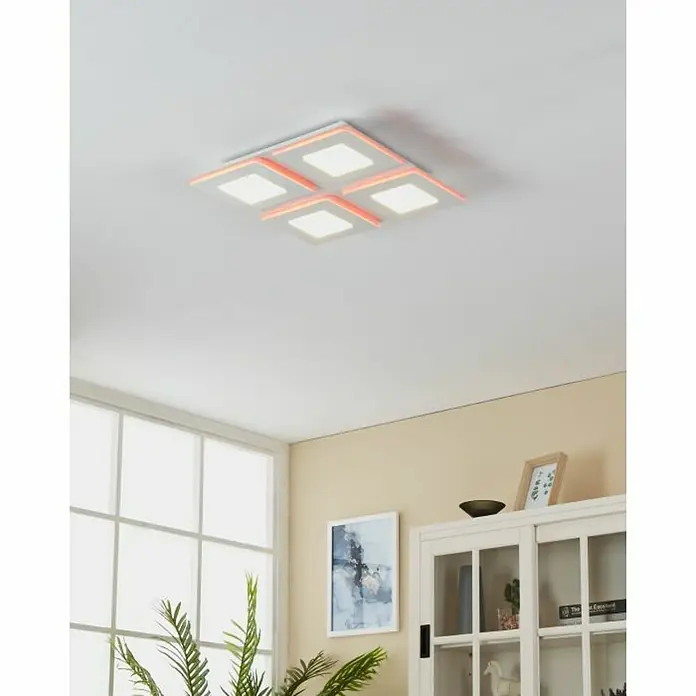 Eglo LED-Deckenleuchte Padrogiano - L x B x H: 450 x 450 x 50 mm, Kaltweiß, Kunststoff, Dimmbar - Deckenleuchte mit vier quadratischen Feldern, die durch rote Linien getrennt sind. Sie sorgt für modernes Flair im Raum.