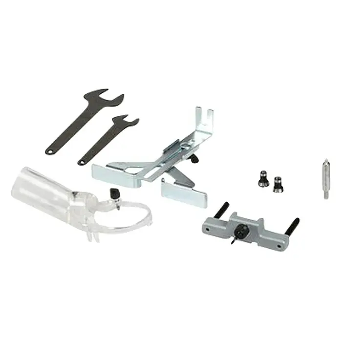 Einhell PXC 18V Fresadora combinada de batería TP-RO 18 Li BL - Solo - 18 V, Sin batería - La imagen muestra un conjunto de accesorios para fresadoras, incluyendo llaves inglesas, una protección y otras piezas pequeñas para trabajos de madera precisos.