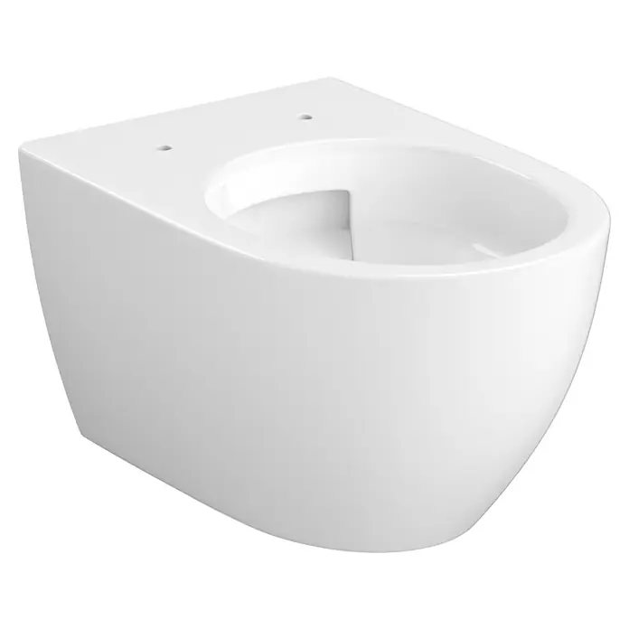 Camargue San Francisco Wand-WC-Set 2.0 - Spülrandlos, WC Abgang: Waagerecht, Weiß - Nahaufnahme einer wandhängenden weißen Toilette mit glatter Oberfläche und abgerundeten Kanten vor schwarzem Hintergrund.