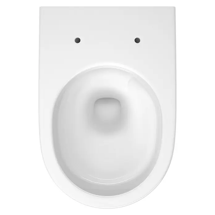 Camargue San Francisco Wand-WC-Set 2.0 - Spülrandlos, WC Abgang: Waagerecht, Weiß - Detailaufnahme einer weißen, wandhängenden Toilette mit glatter Oberfläche und zwei Befestigungslöchern. Elegantes Design für moderne Badezimmer.