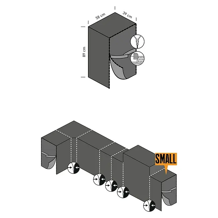 SENSUM Grill-Schutzhülle Quad Small/Side/Beast - Passend für: Kingstone The Quad Small/Side/Beast, Kunststoff - Produktdiagramm einer grauen Schutzhülle mit Reißverschluss und Größenangaben.