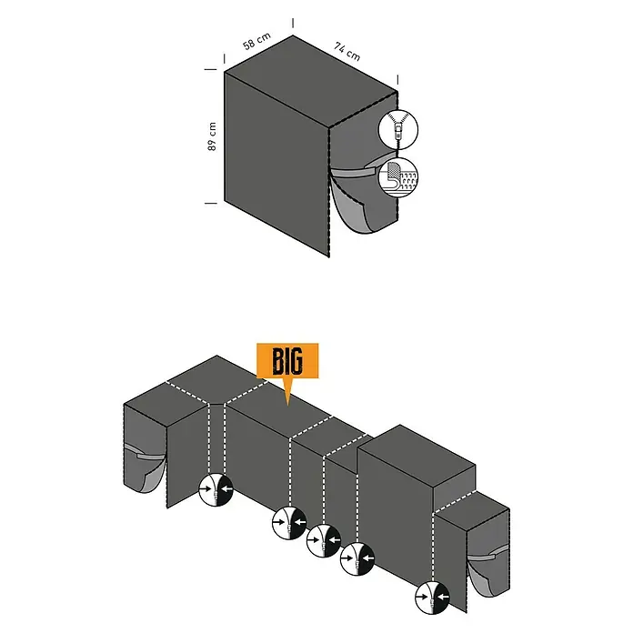 SENSUM Grill-Schutzhülle Quad Big/Double - Passend für: Kingstone Grillküchen-Modul The Quad Big/Double, Kunststoff - Abbildung eines großen, modularen Möbelschutzhülle mit Reißverschlüssen zur Erweiterung. Ideal, um Möbel vor Witterungseinflüssen zu schützen.