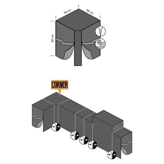 SENSUM Grill-Schutzhülle Quad Corner - Passend für: Kingstone Grillküchen-Modul The Quad Corner, Kunststoff - Abbildung eines modularen Möbelschutzsystems mit Eckteil und Reißverschlüssen zur individuellen Anpassung. Maße sind angegeben.