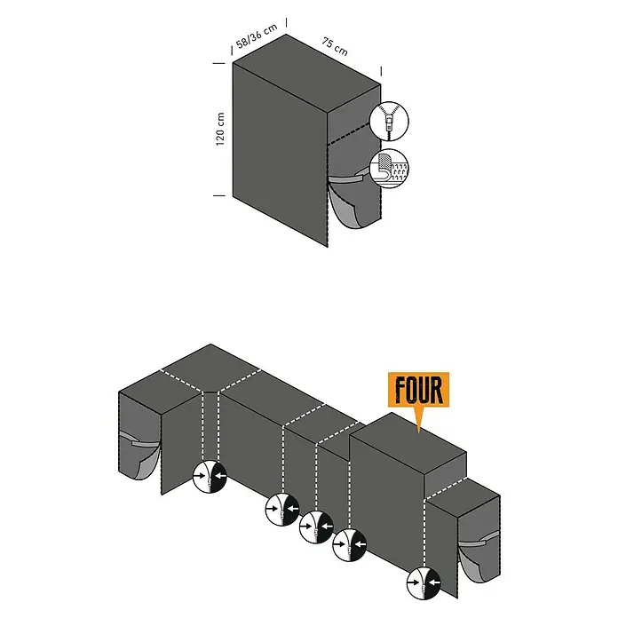 SENSUM Grill-Schutzhülle Quad Four - Passend für: Kingstone Gasgrill The Quad Four, Kunststoff - Produktansicht eines modularen Schlafsacks mit Reißverschlüssen zur Erweiterung.