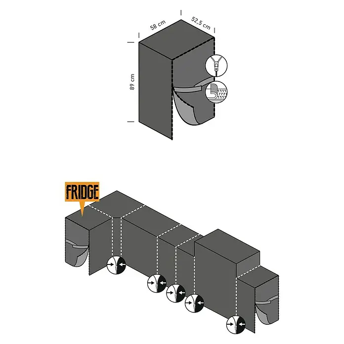 SENSUM Grill-Schutzhülle Quad Fridge - Passend für: Kingstone Grillküchen-Modul The Quad Fridge, Kunststoff - Bild einer Kühlschrankabdeckung mit Reißverschluss und den Maßen 89 cm Höhe, 58 cm Breite und 52,5 cm Tiefe.