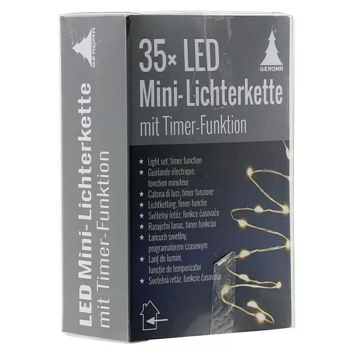 Geroma LED-Lichterkette Micro LED - Innen, 2 m, 35 Stk., Warmweiß - Produktverpackung für 35 LED Mini-Lichterkette mit Timer-Funktion.