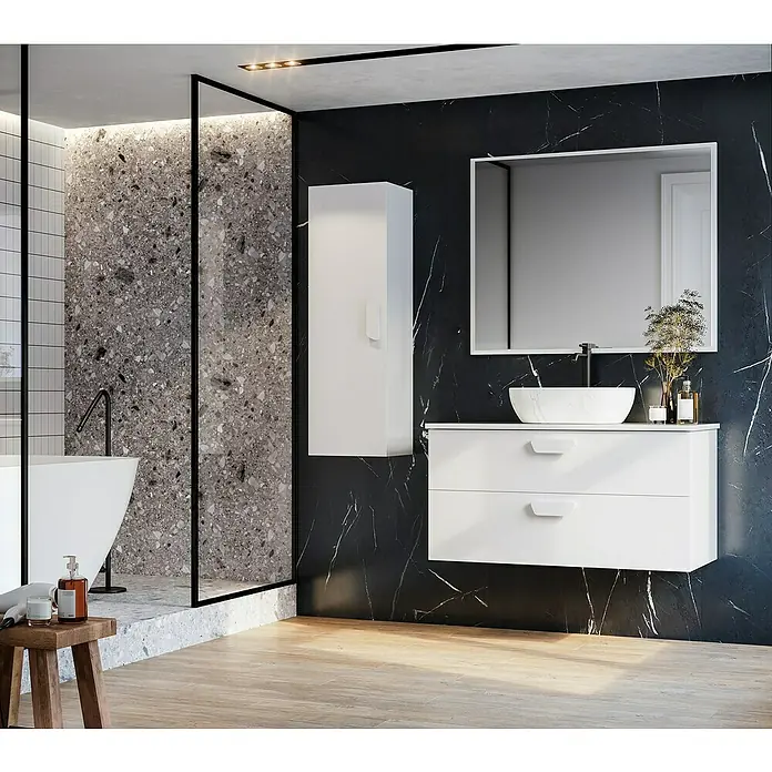 Mueble bajo de lavabo Sofia 2C - L x An x Al: 46 x 100 x 50 cm, Blanco mate - Un baño moderno con un mueble de lavabo blanco de dos cajones, un lavabo sobre encimera y un espejo.