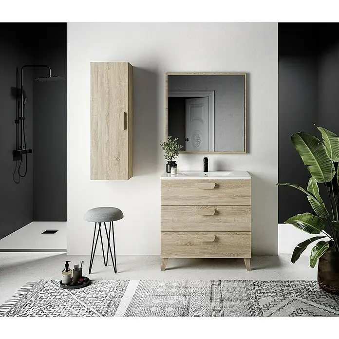 Mueble bajo de lavabo Sofía - L x An x Al: 46 x 80 x 84 cm, Roble bardolino - Elegante conjunto de baño con mueble de lavabo de aspecto de madera, armario con espejo a juego y un elegante taburete.