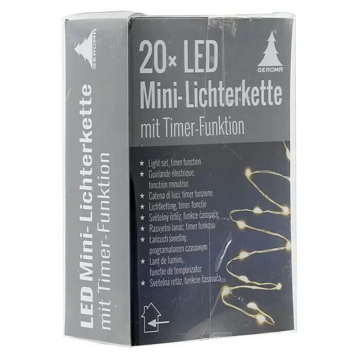 Geroma LED-Lichterkette Micro LED - Innen, 1,25 m, 20 Stk., Warmweiß - Dunkle Verpackung für eine 20x LED Mini-Lichterkette mit Timer-Funktion, warmweiße Lichter sichtbar.