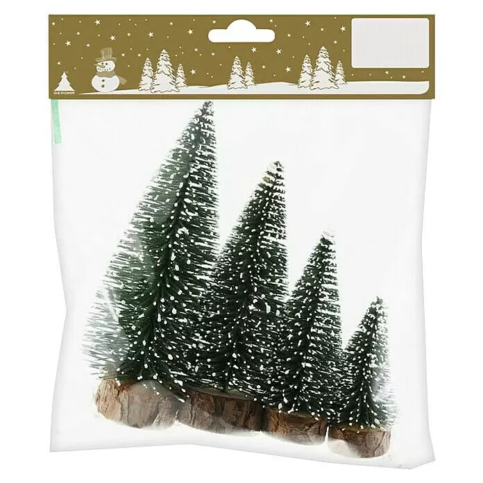 Dekoelement Schneetannen - Grün/Weiß, Kunststoff, 4 Stk. - Set aus Miniatur-Flaschenbürsten-Weihnachtsbäumen in Grün mit Schnee-Effekt und Holzsockeln, verpackt in einer Klarsichttüte.