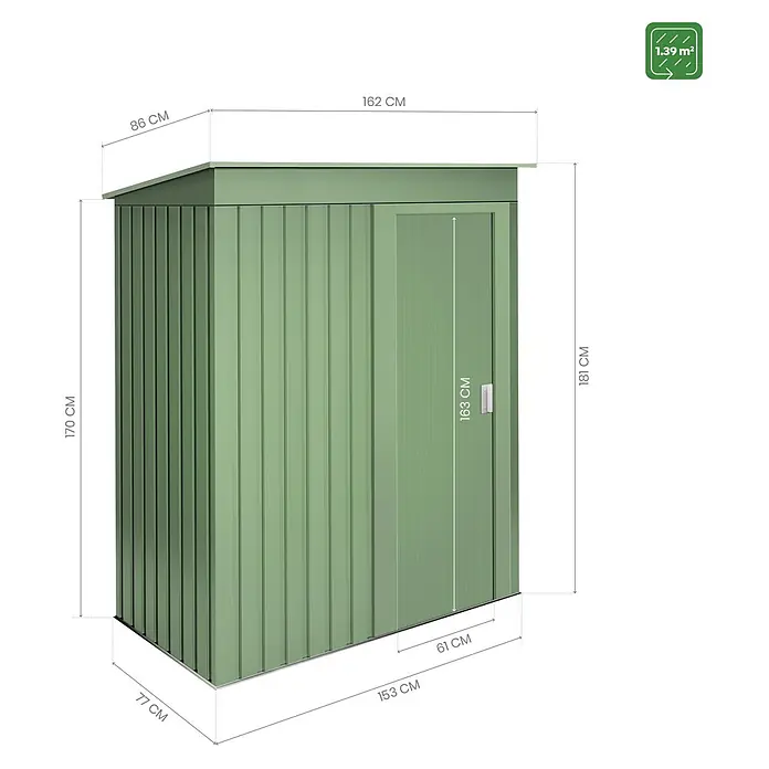 Hoggar Geräteschrank Hede - Außenmaß inkl. Dachüberstand (B x T): 162 x 86 cm, Grün, Stahl, 1,39 m² - Bild eines Gartenschuppens mit Maßangaben zu Höhe, Breite und Tiefe. Der Schuppen ist in einem Grünton gehalten.
