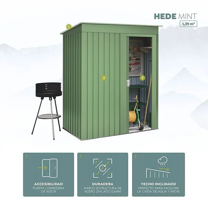 Hoggar Armario de jardín Hede - Medidas ext. (An x Pr): 162 x 86 cm, Verde, Acero, 1,39 m² - Imagen de un cobertizo de jardín verde "Hede Mint" con puerta corredera, marco de acero duradero y techo inclinado para facilitar el drenaje de agua/nieve.