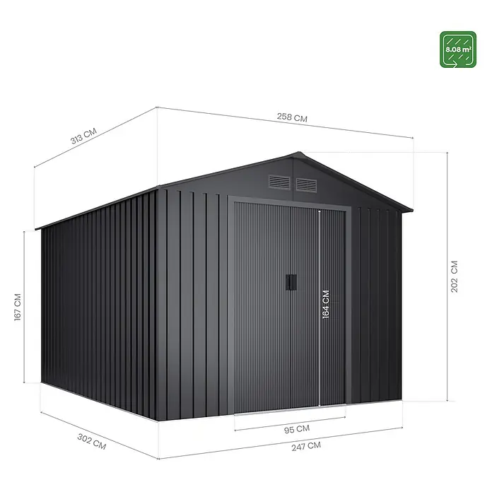 Hoggar Gerätehaus Köppen - Außenmaß inkl. Dachüberstand (B x T): 258 x 313 cm, Anthrazit, Stahl, Grundfläche: 8,08 m² - Abbildung eines Metall-Gartenschuppens mit Größenangaben, der mit einer Tür und einem Dach ausgestattet ist.\n