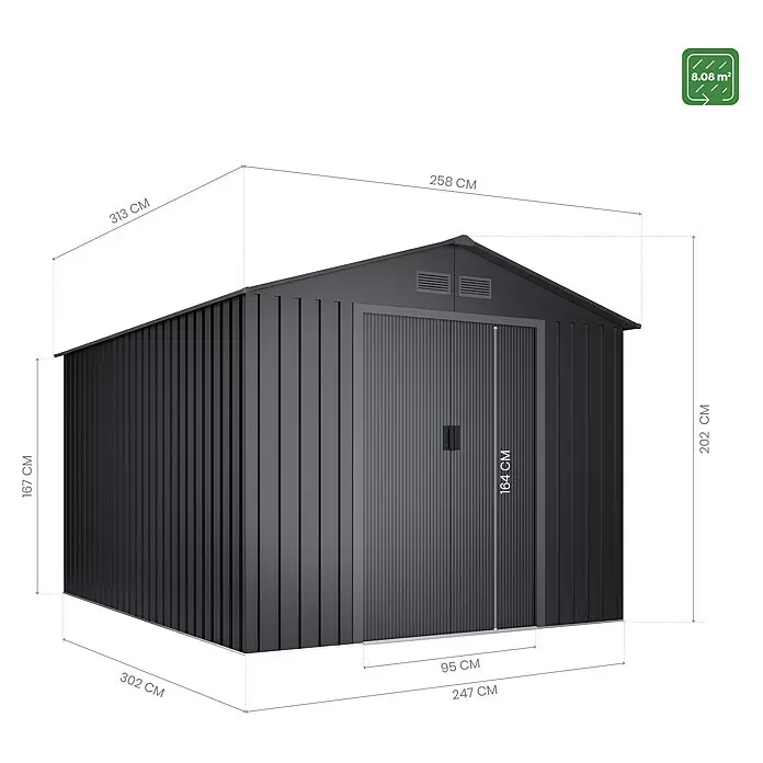 Hoggar Gerätehaus KöppenAußenmaß inkl. Dachüberstand (B x T): 258 x 313 cm, Anthrazit, Stahl, Grundfläche: 8,08 m²