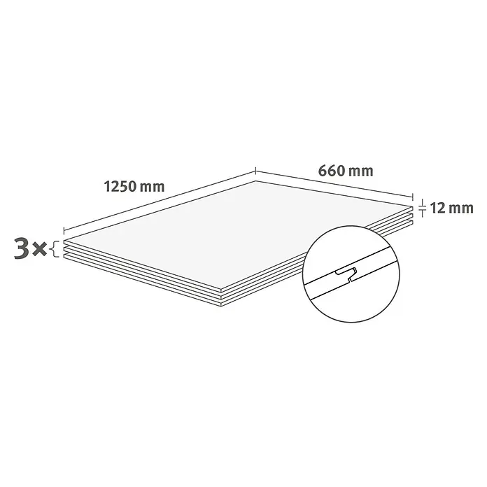 Egger Wandpaneel DecoWall - Namur Fichte Natur, 125 cm x 66 cm x 12 mm - Darstellung von drei Paneelen, jeweils 12 mm dick, mit einer Länge von 1250 mm und einer Breite von 660 mm, mit Nut- und Federverbindung.