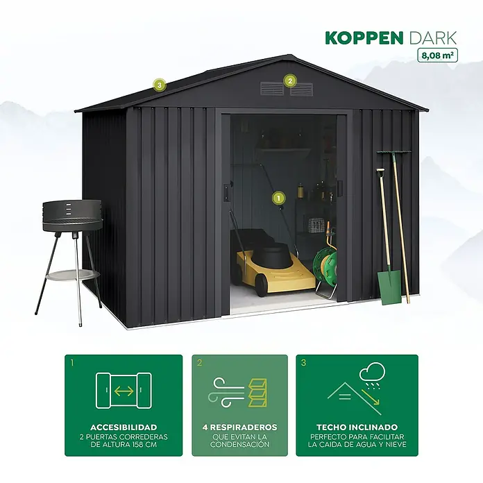 Hoggar Caseta para jardín Koppen - Medidas ext. (An x Pr): 258 x 313 cm, Antracita, Acero, Área: 8,08 m² - Imagen de una caseta de jardín KOPPEN DARK espaciosa, de color antracita, con puertas dobles, ventilación y techo inclinado.